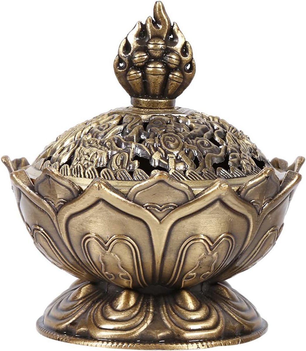 SnelShoppen - Vintage Backflow Wierookbrander Kom, Lotus Wierookhouder, Houtskool Asopvang voor Poeder Cones of Coils, Kunstzinnig Tibet Lotus Koper L
