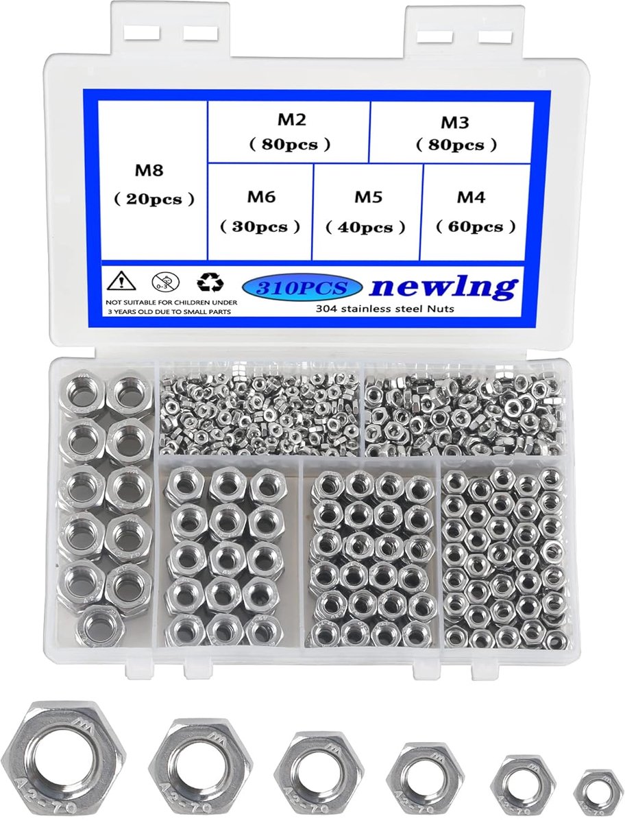 SnelShoppen - 310 Stuk M2 M3 M4 M5 M6 M8 Moeren Set RVS 304 Zelfvergrendelende Zeskantmoeren DIN 934/ISO 4032 voor Schroeven en Ringmoeren