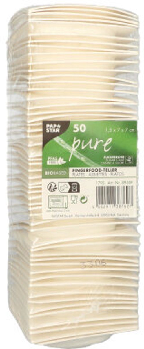 10x 50 Fingerfood-bord suikerriet pure hoekig 15 cm x 7 cm x 7 cm wit