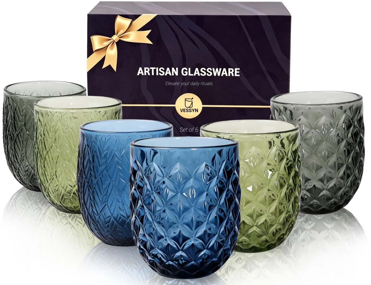Omgoods- Drinkglazen set van 6 - Gekleurde waterglazen - Vaatwasmachinebestendig - Reliëfstructuur - 370 ml - Modern natuurdesign - Waterbekers