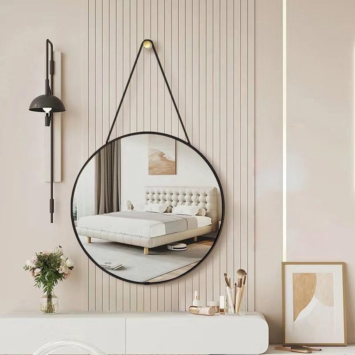 Omgoods - 30 cm Wandspiegel met Touw - Ronde Make-up Spiegel voor Badkamer en Slaapkamer (Zwart)