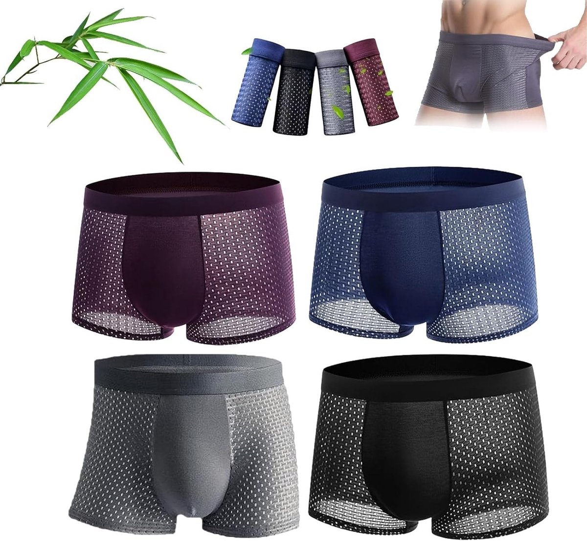 Ademende boxershorts van bamboevezel voor heren, comfortabel en duurzaam ondergoed, 4 stuks