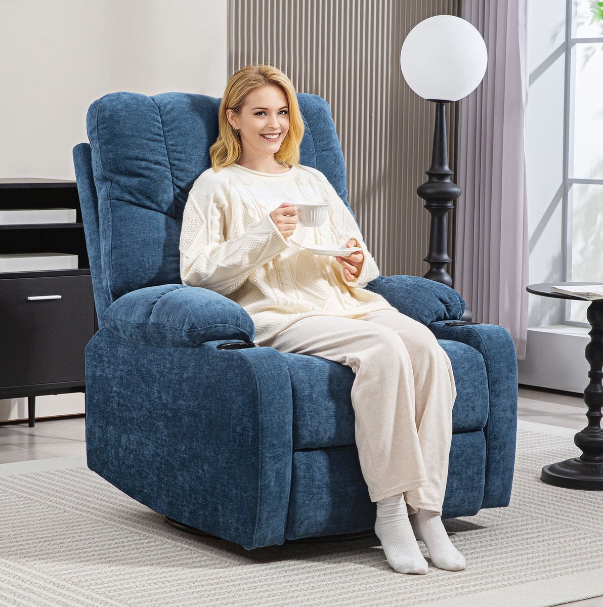 REDOM - Relaxfauteuil - Handmatig verstelbare rugleuning tot 135° - Draaibaar en schommelend - Met voetensteun en 2 bekerhouders - Polyester - Blauw - 88 x 96 x 108 cm