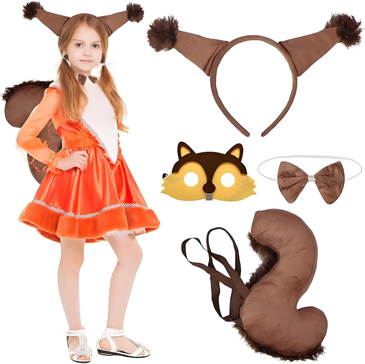 Kinderdierenkostuum, eekhoornkostuum voor meisjes, verkleding - eekhoornkostuum met oren, staart, masker, stropdas, carnaval, cosplay, dierenkostuum
