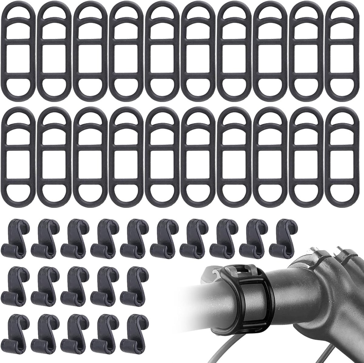 Siliconen band voor fietsverlichting, 20 stuks, met 20 S-gespen, zwart, elastische band van siliconen voor fietsverlichting, rekbare ringen van rubber, zaklamphouder