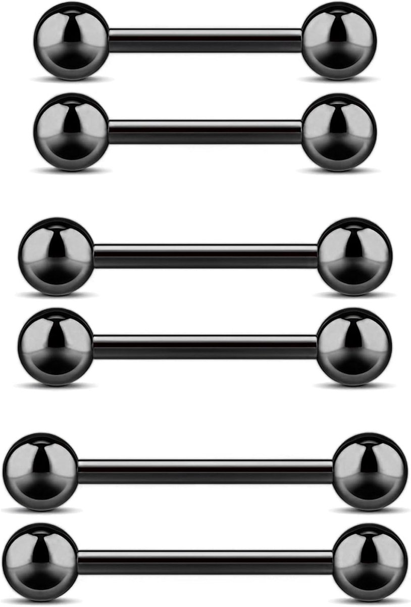 6 stuks Chirurgenstaal Straight Barbell Zungenpiercing Nippelpiercing Set 16mm 14mm 12mm Körper sieraden Piercing Oor Helix Kraakbeen Retainer für Frauen Mannen Hypoallergen(Zwart)