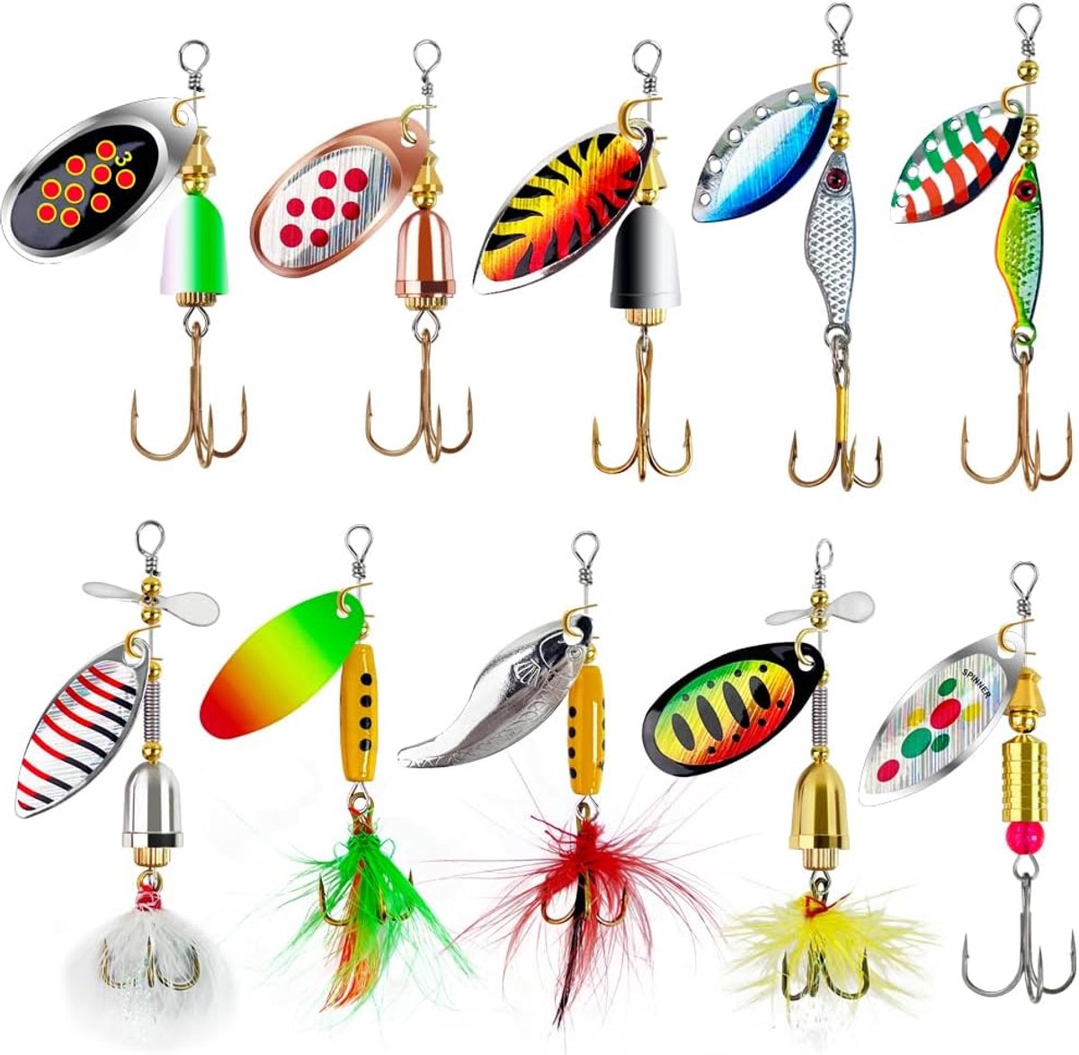 10 stuks spinnerbaits voor het vissen, hardmetalen spinnerbaits voor baars, forel en zalm, met 2 viskisten