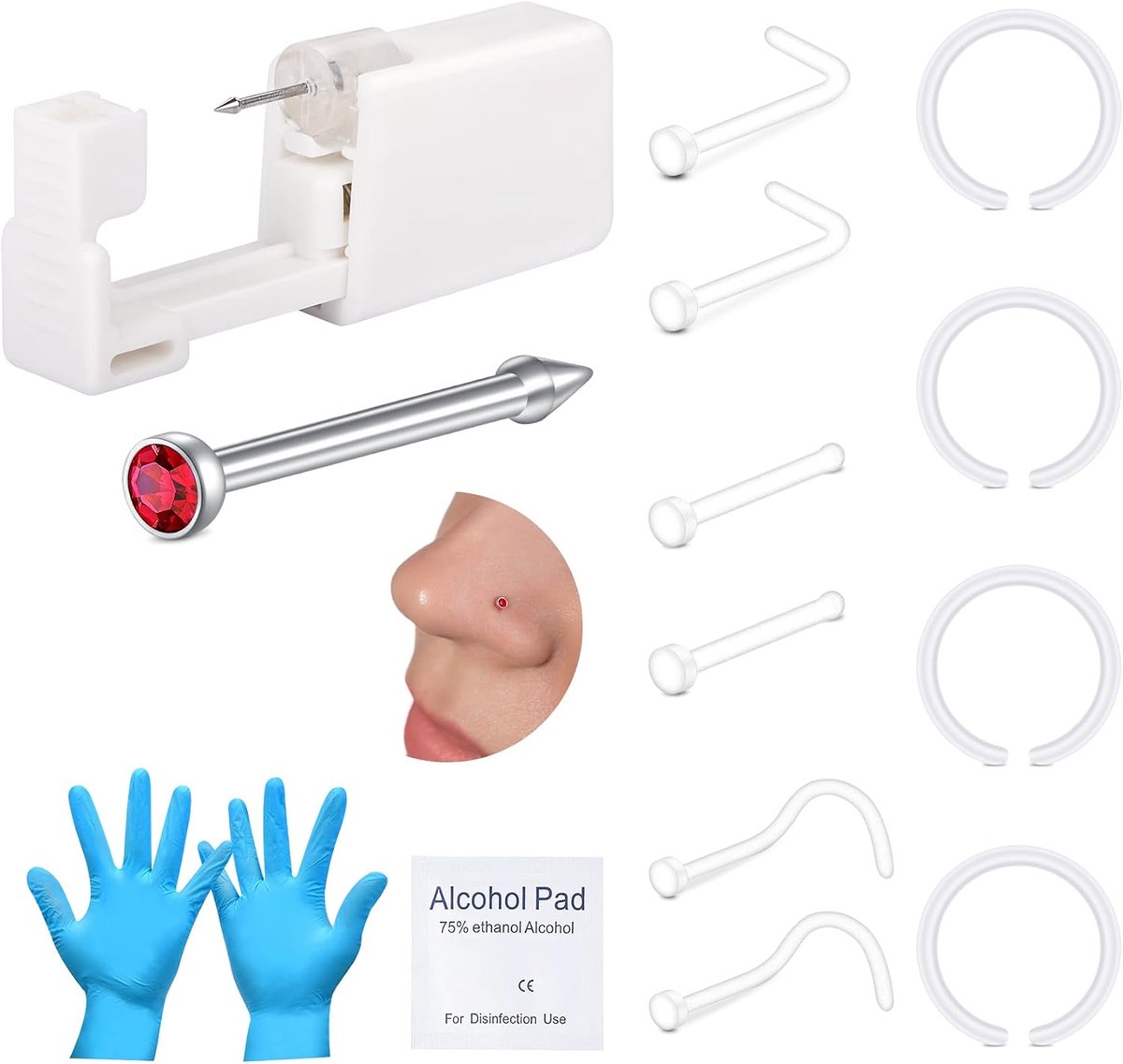 Neuspiercingset, piercingpistool, ingebouwde verscheidenheid aan neusstekers, pijnloze zelfpiercingset met 20G doorzichtige neuspiercingpistool, wegwerppiercingpistool voor thuis neuspiercing