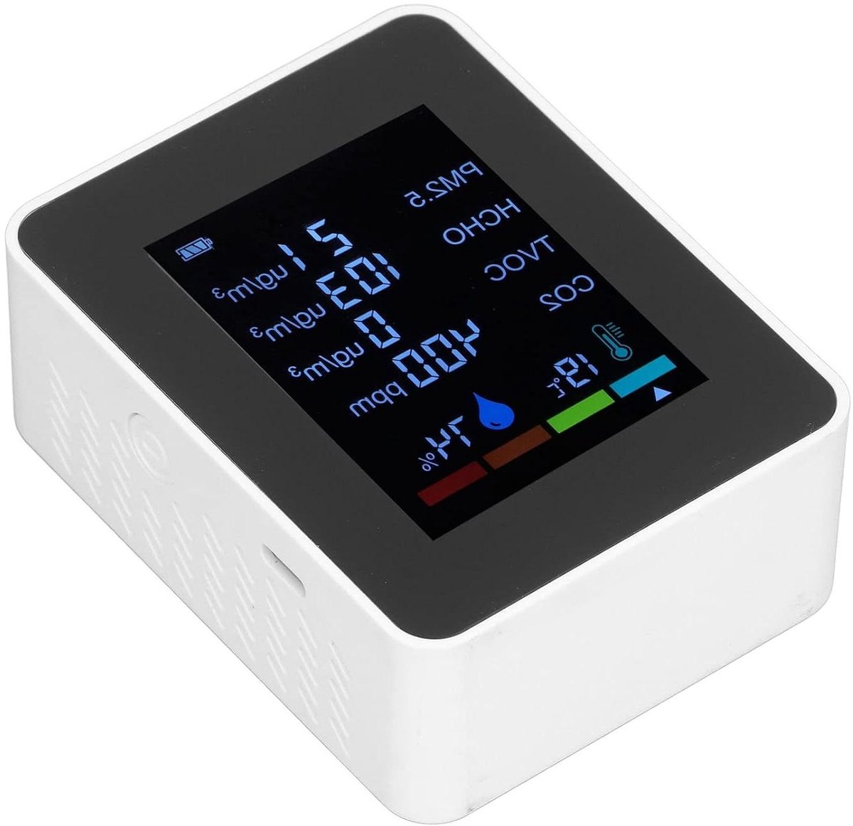 Luchtkwaliteitsmonitor - CO2 Meter TVOC Detector - Binnenlucht Meten - 6-in-1 Functie - 9x7x3.4 cm - Wit