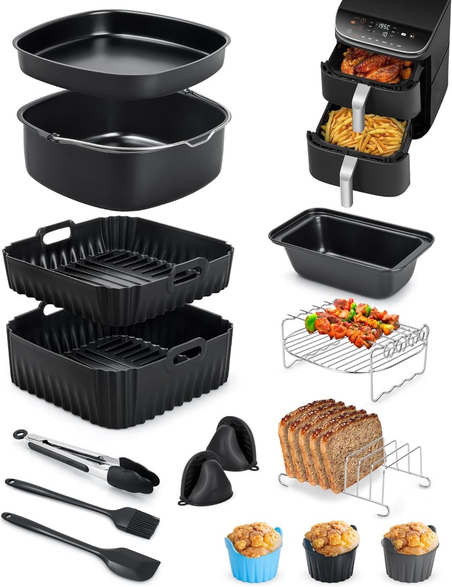 15-delige accessoireset voor COSORI Turbo Tower Pro heteluchtfriteuse 10,8L 2 kamers (6,5L/4,3L), inclusief 2 stuks Airfryer siliconenvorm, cakebord, pizzaplaat, broodvorm, muffinvorm enz. accessoires