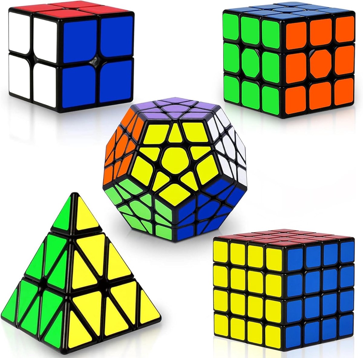 Speed Cube Set, 5 stuks Magic Cubes 2x2 + 3x3 + 4x4 + Pyraminx + Megaminx magische kubussen voor kinderen en volwassenen puzzel blokjes met pvc-sticker