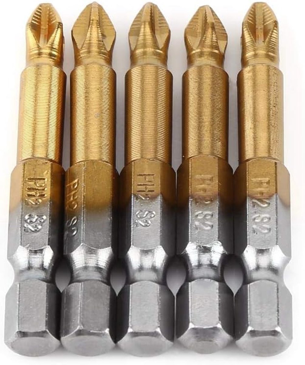 SnelShoppen - Cross Head Schroevendraaier Bits PH2 5 Stuks - Duurzaam en Sterk - Antislip Titanium-Coating - 1/4 Inch Hex Shank 50mm voor Elektrische