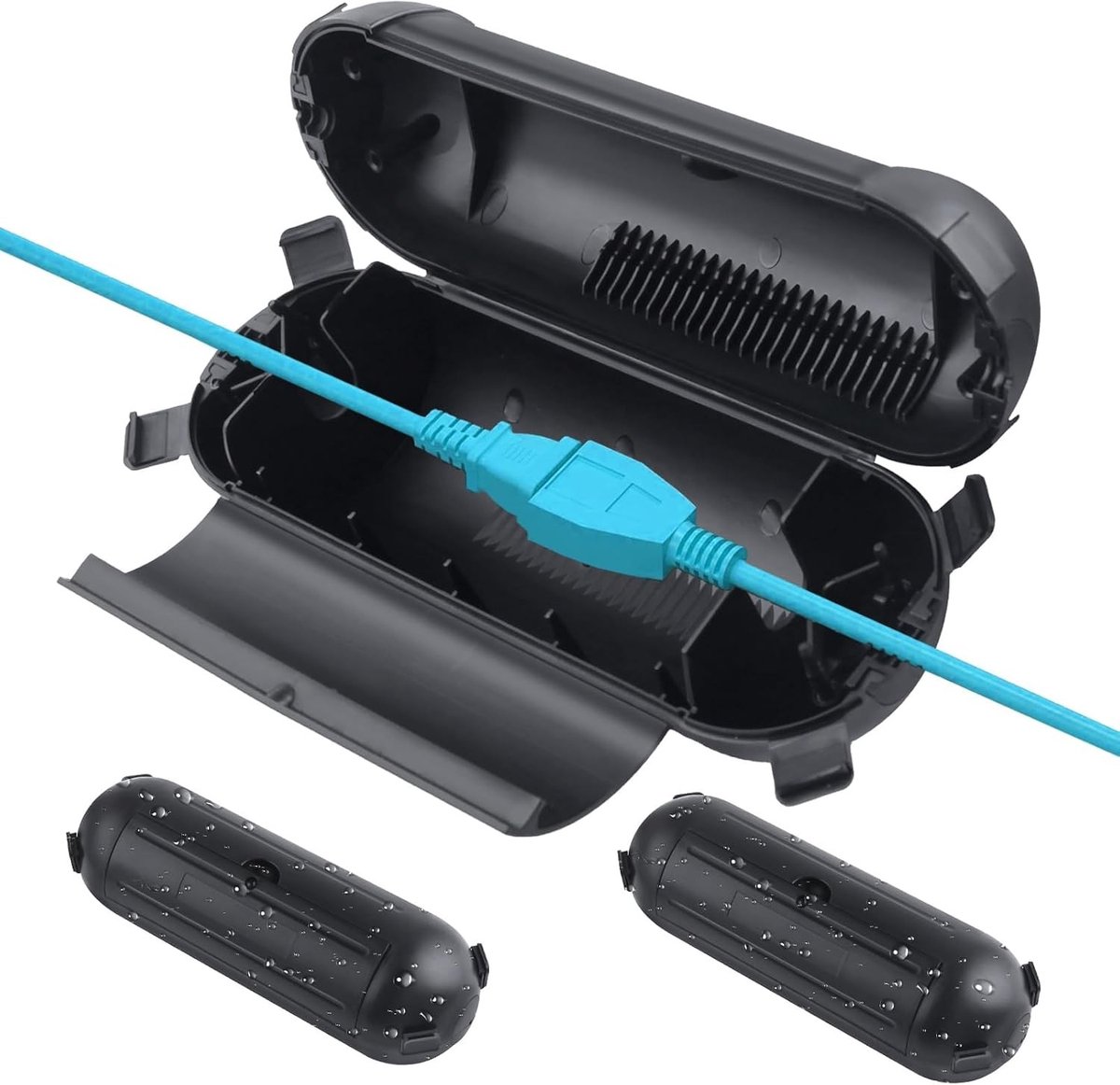 Buiten verlengkabel met waterdicht veiligheidsdeksel en 4 grendels, geschikt voor 12/14/16 AWG, ideaal voor feestverlichting en tuinverlichting, IP44, zwart