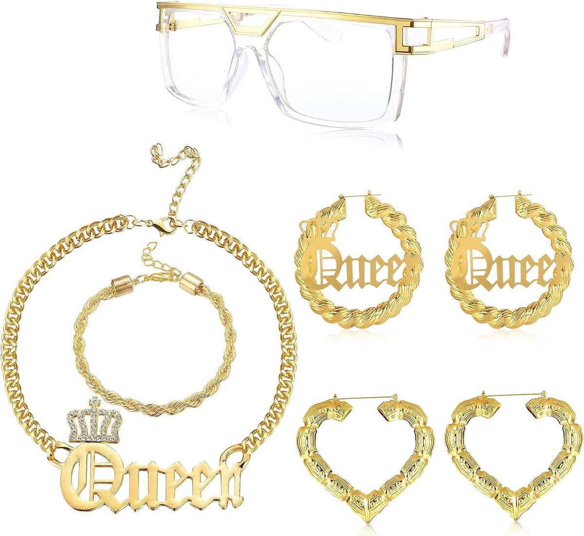 Vrouwelijk 80s/90s Hip Hop Kostuum met Zonnebril, Houten Hoepel Oorbellen en Kettingaccessoires voor een Feestelijke Look