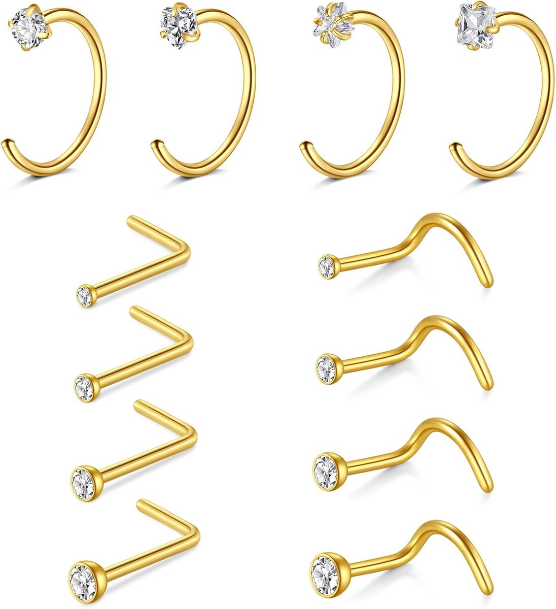 12 stuks neuspiercingsieraden voor dames en heren, 18G roestvrijstalen neusringen met CZ, L-vormige diamanten, neusstekers, schroeven in zilver/goud voor dagelijks gebruik
