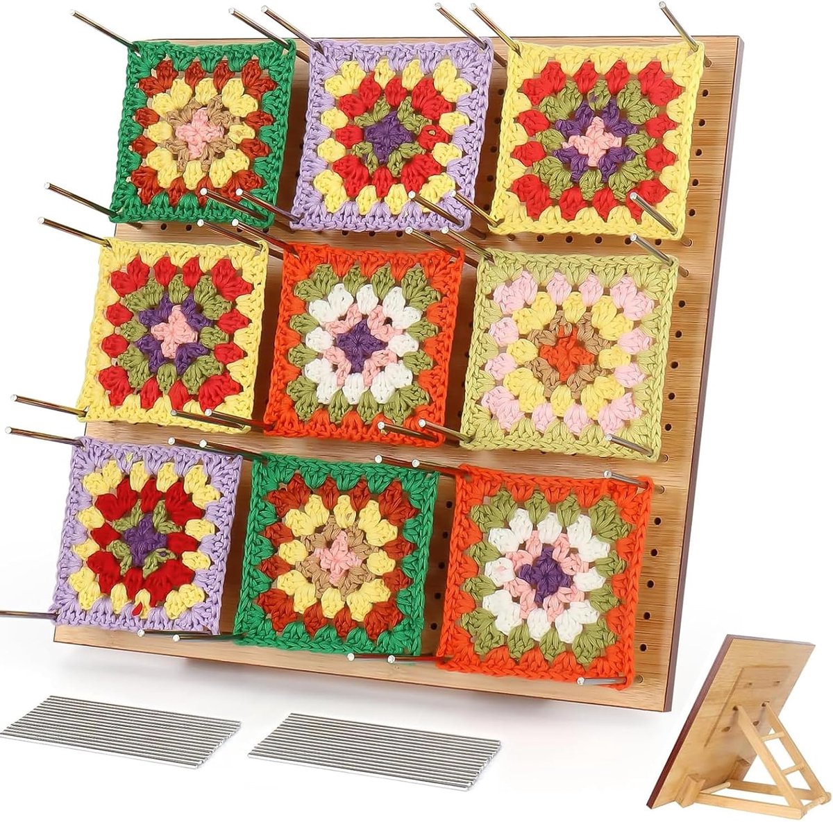 Granny Square Spanner groot, 29 x 29 cm, blokbord met verstelbare ezel en 30 staafstiften, houten spanplank voor Granny Squares spannen, brei- en haakprojecten, blokbord haken
