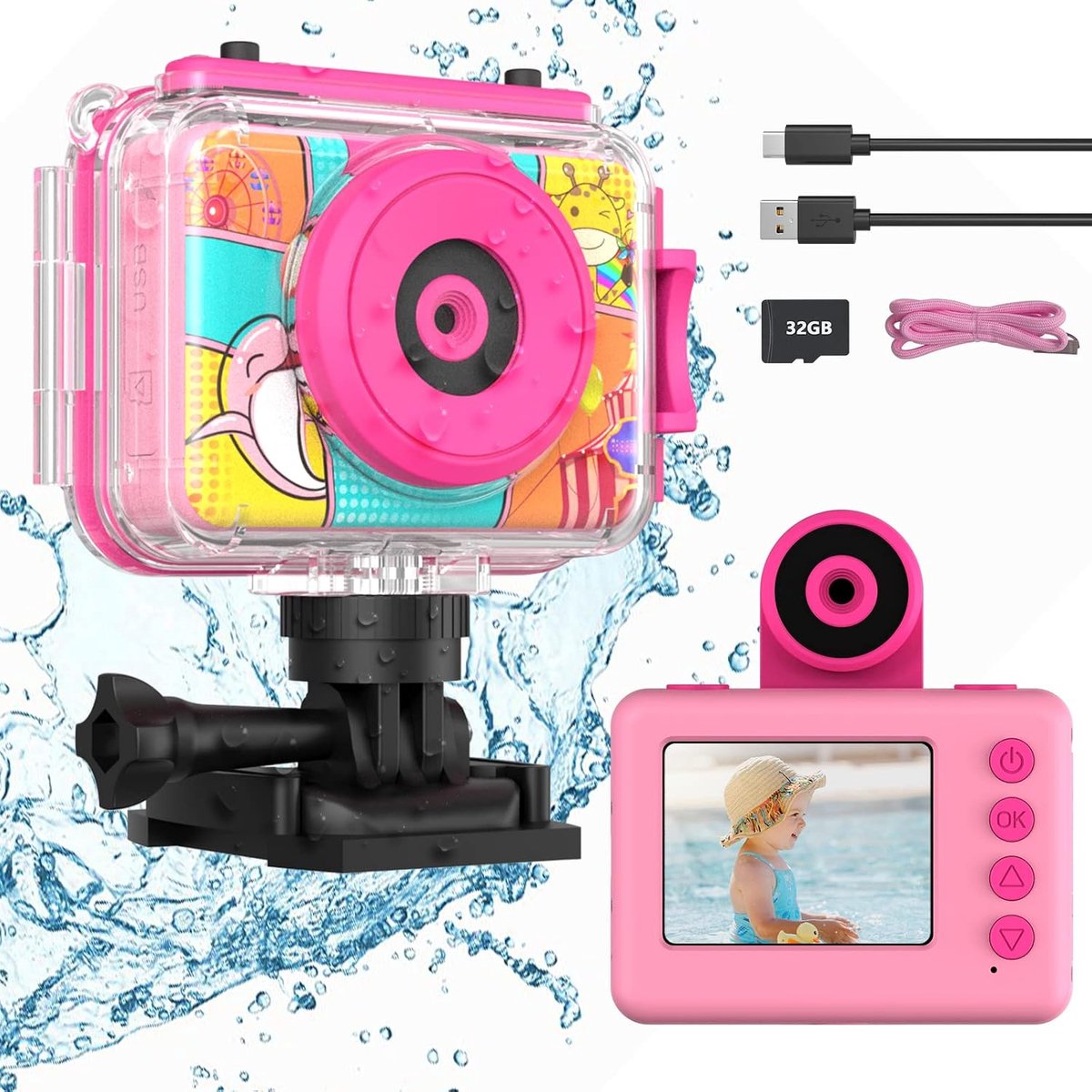 Kindercamera, waterdichte en onderwatercamera voor kinderen, 1080p digitale videocamera, selfiecamera met 2,0 inch scherm, 32 GB SD-kaart, cadeau voor jongens