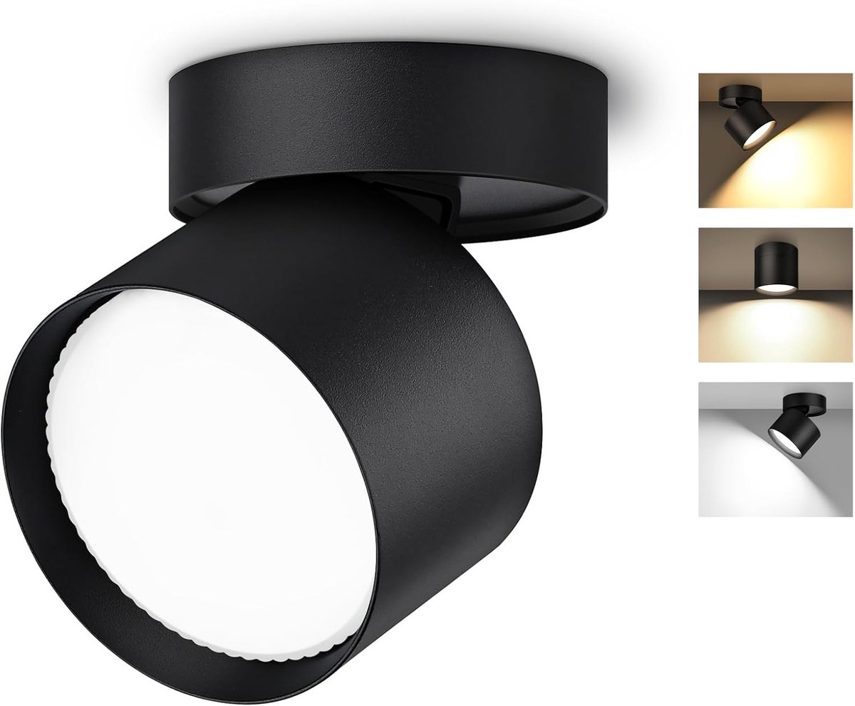 Led-opbouwspot, draaibaar, 7 W, 800 lm, Ø 82 x 80 mm, plafondspot, 3000 K/4500 K/6500 K, rotatie 350 ° + 90 °, led-spot, aluminium, rond, zwart, plafondlamp, draaibaar, 1 stuk