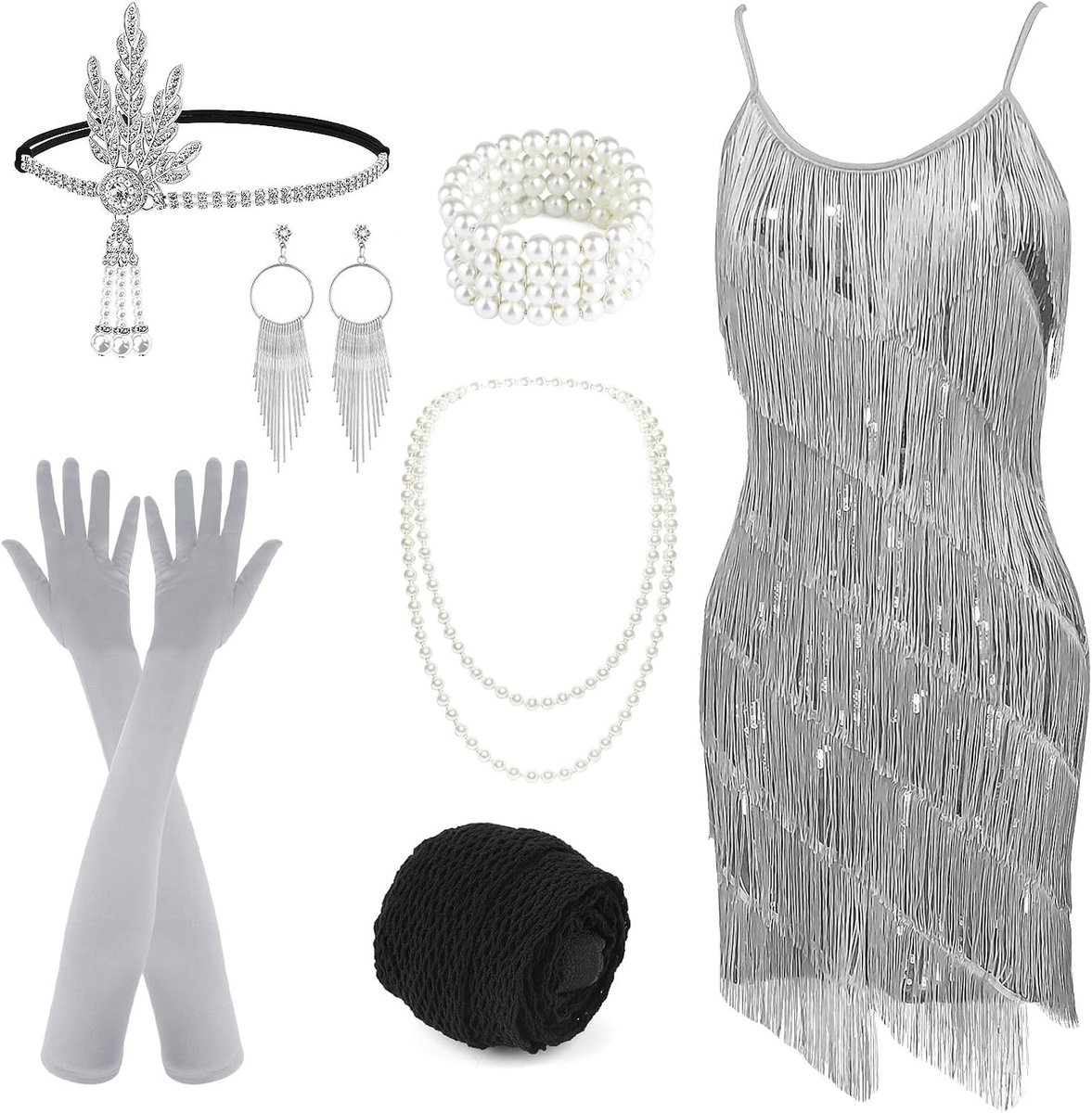 Vintage flapperjurk voor dames, jaren '20 Gatsby pailletten, franjes, cocktailjurk, feestjurk met accessoires uit de jaren '20, kostuumset voor avondbal (grijs)