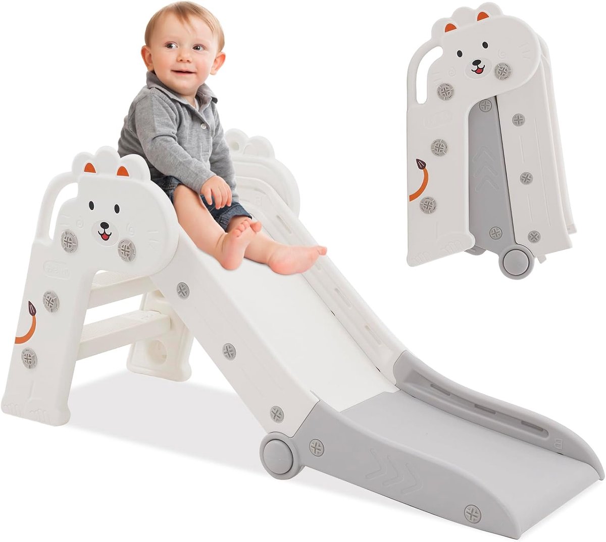 Glijbaan voor kinderen, opvouwbaar, met armleuningen, babyglijbaan, kinderglijbaan, kleine glijbaan, indoor/outdoor, ruimtebesparend, grijs
