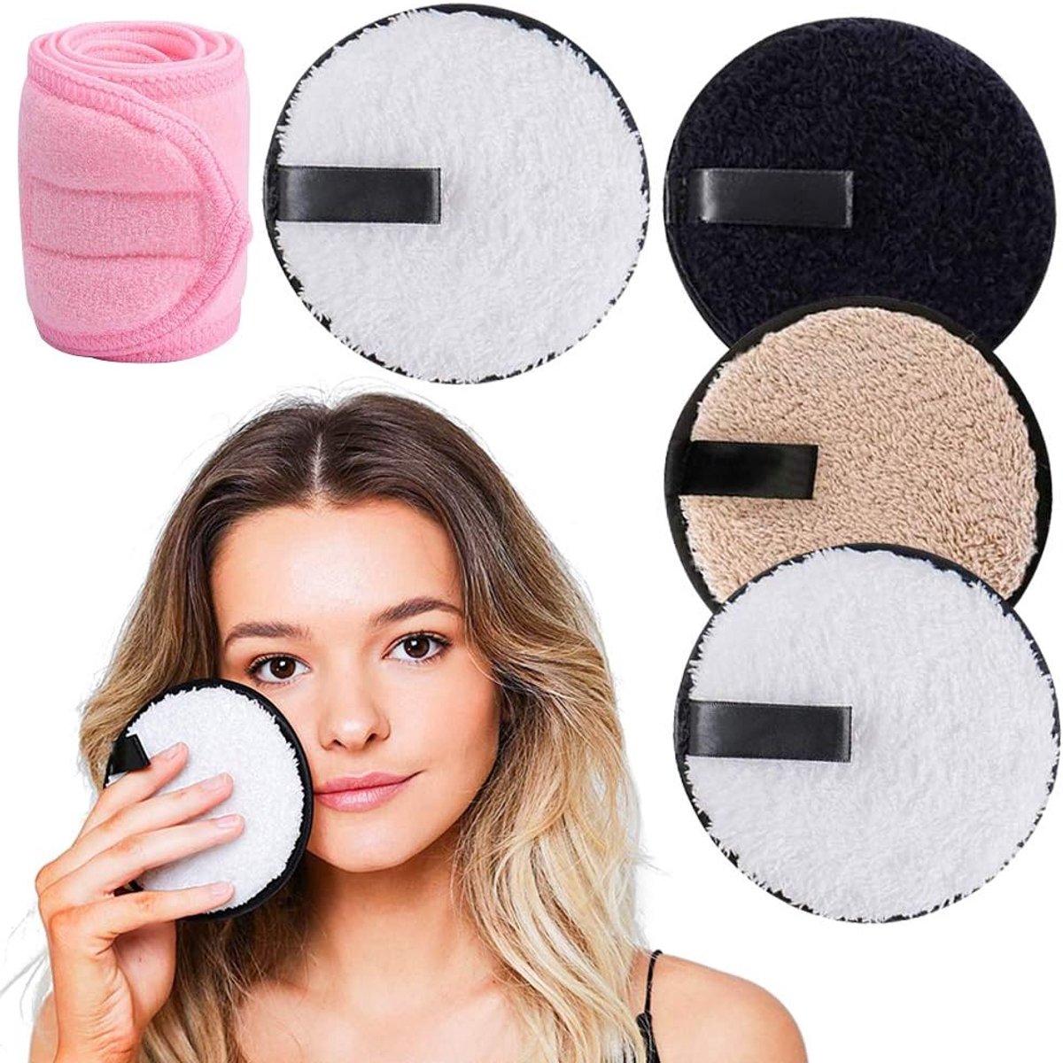 Wasbare make-uppads met roze cosmetica, haarband, wasbaar, make-updoekjes, microvezel, herbruikbare make-up-verwijderpads (zwart, wit, bruin)