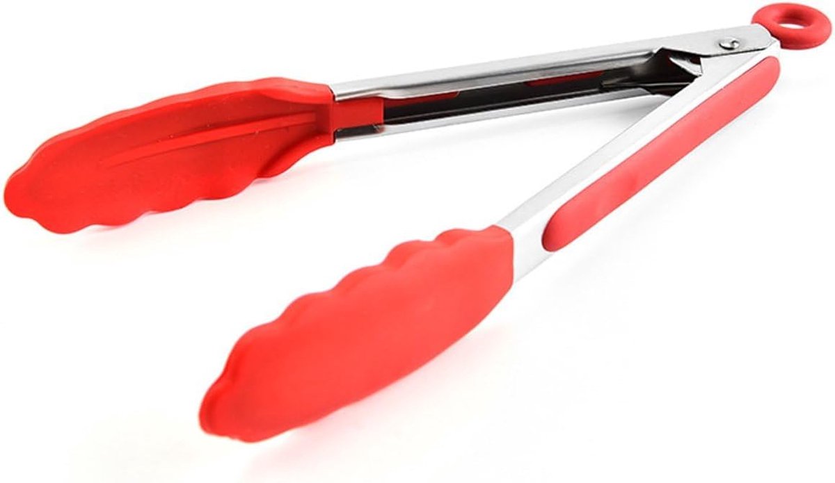 - Keukentang - BBQ tang - Gourmet tang - Anti slip handvat - Met slot - Met ophangoog - 27cm - RVS en siliconen - Rood - Jonyx