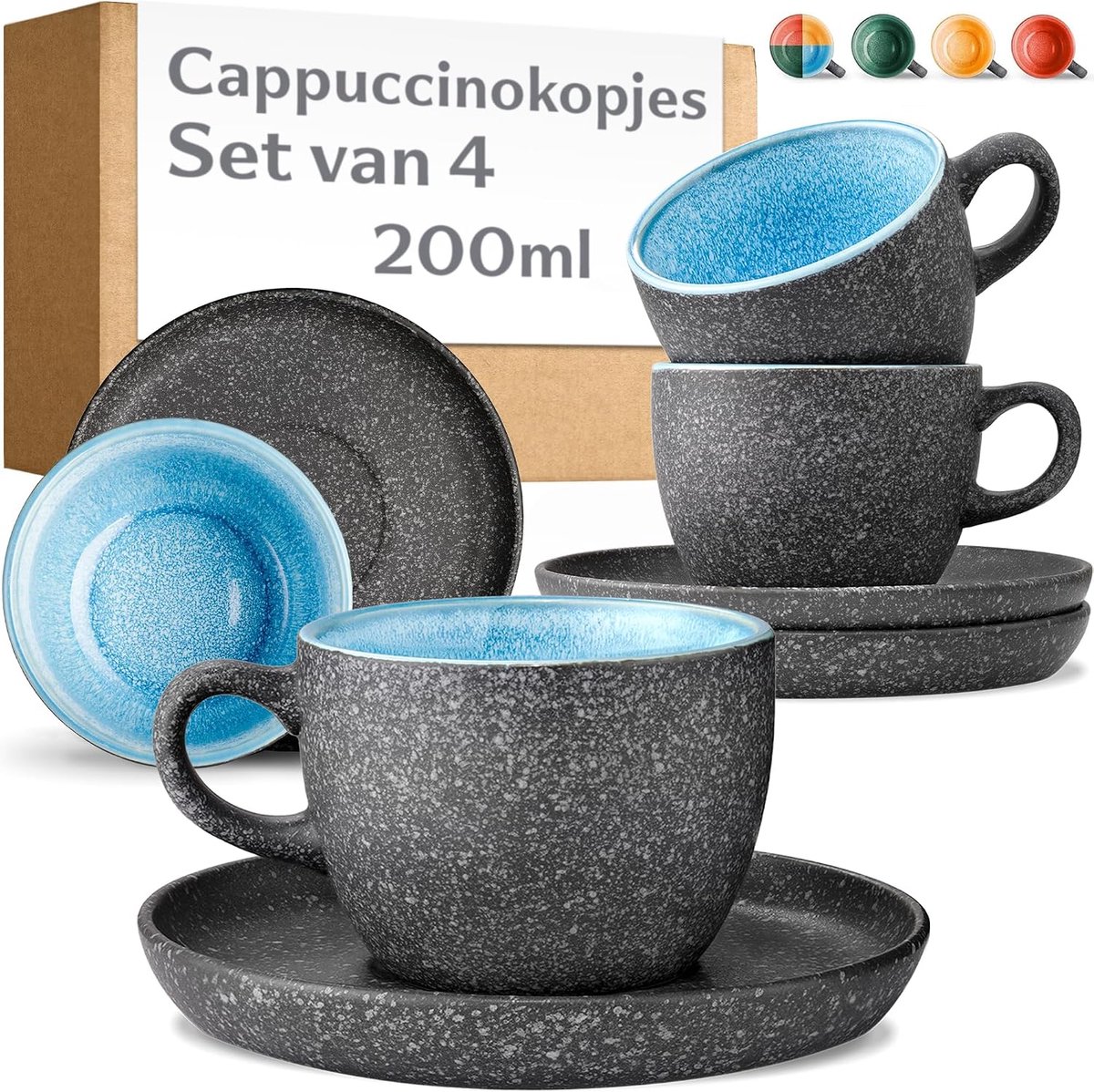 Cappuccinokopjes met Onderzetters - Set van 4-200 ml Koffiekopjes van Keramiek, Handgemaakt Reactief Glazuur - Houdt Lang Warm (Blauw)