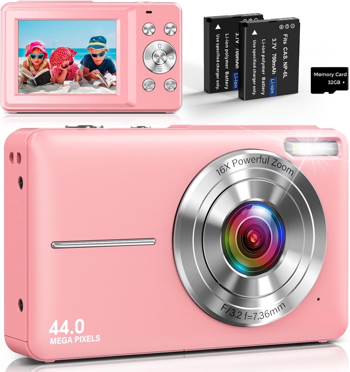SnelShoppen - Digitale Camera 44 MP Foto, 1080P Video, 2.4 Inch IPS Scherm, 16-Weg Digitale Zoom, Antischok, 32 GB Geheugenkaart, 2 Batterijen voor Ti