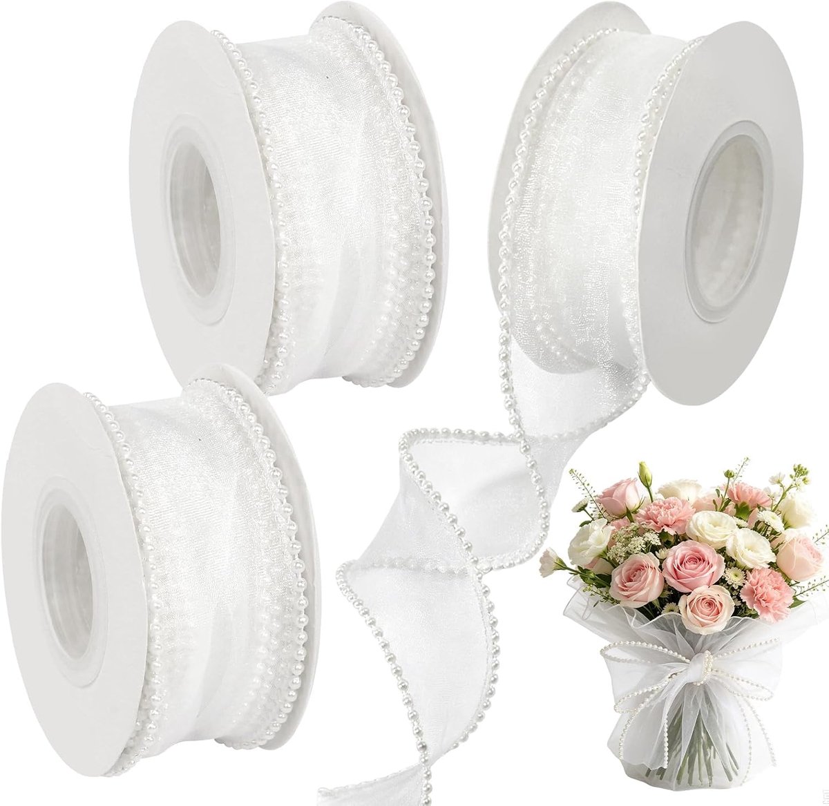 3 rollen parellint wit wit cadeaulint bruiloft satijnen lint voor bruiloft doe-het-zelf knutselen verpakking decoratief boeket (40 mm x 4,5 m)