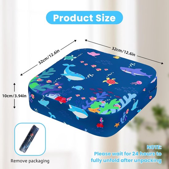 Stoelverhoging voor kinderen, flexibele zitverhoging voor kinderen, met 2 veiligheidsgespen, antislip en anti-slip bodem voor thuis en onderweg, 32 x 32 x 10 cm (zeedieren) — afbeelding 4