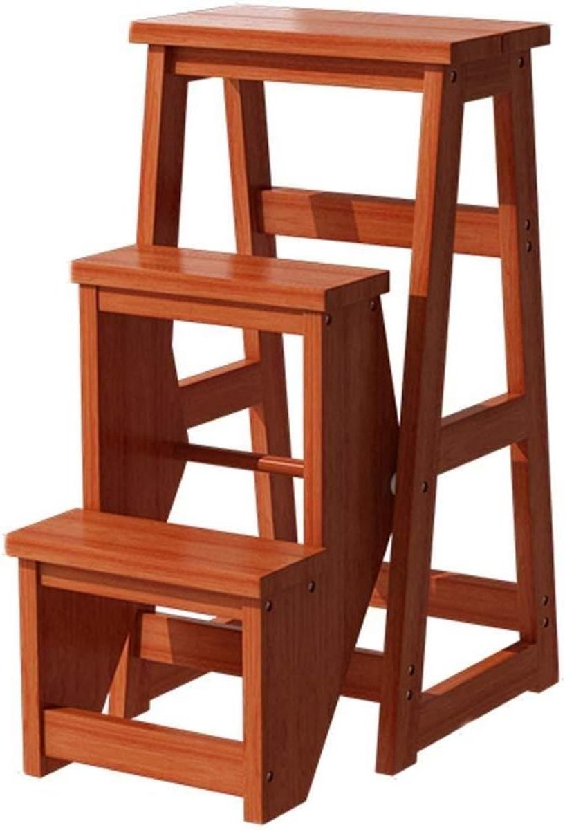 Houten Opstapje - Ladder Kruk Krukje - Keuken Hulpje - Massief Hout Constructie - 36X58X77cm - Geel