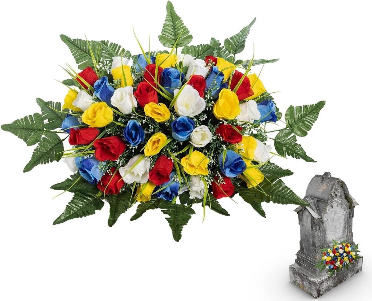 Kunstbloemen Grafzadelstuk - Grafdecoratie Bloemen - Herdenken Geliefden - Weerbestendige Constructie - 18D x 26B x 18H cm - Kleurrijk