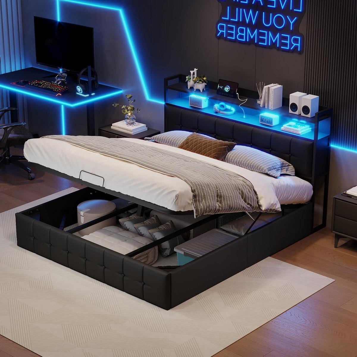 Gestoffeerd Bed - Opbergbed Led Bed - Moderne Slaapkamer - Met Hydraulisch Hefsysteem - 140 x 190 cm - Zwart