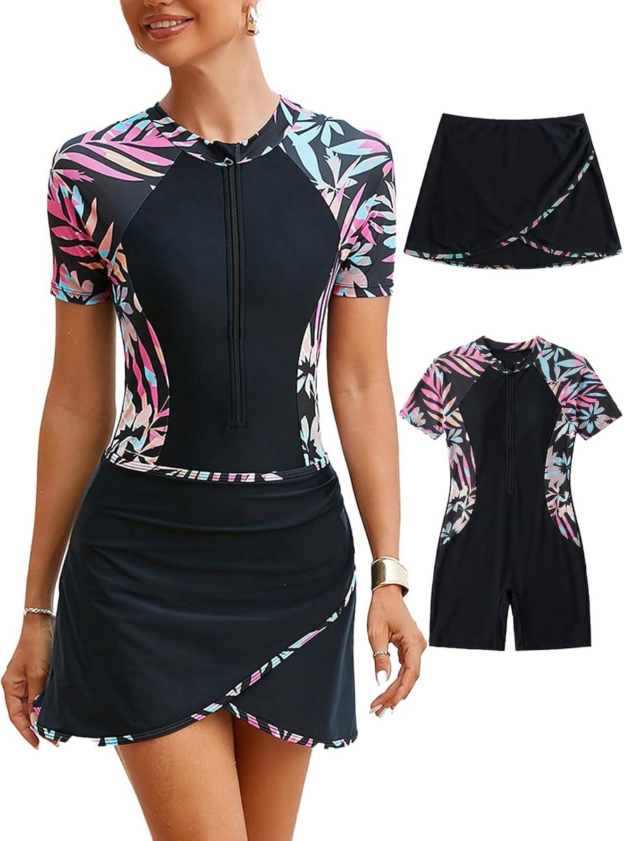Vrouwen Two Piece Athletic Short Sleeves Surfen Rits Boyleg One Piece Rash Guard Badpakken en Zwemrok