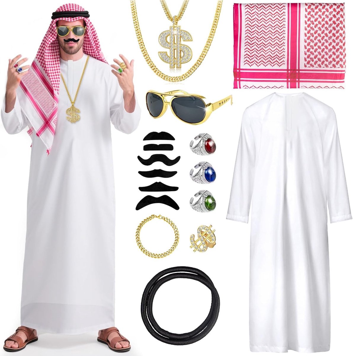 16-delige Arabische kostuumset voor volwassenen, inclusief robe, hoofddoek, zonnebril, sieraden en accessoires voor carnaval en cosplay feestjes