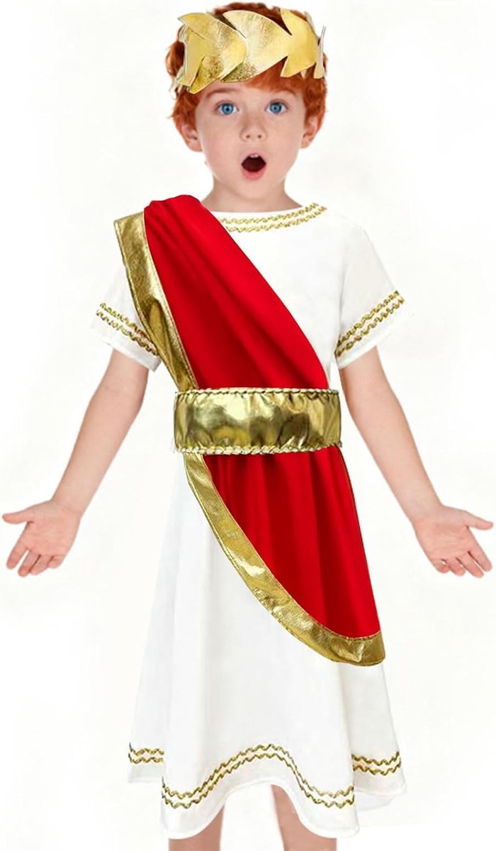 Romeins kostuum voor kinderen, 3 stuks, antiek Grieks en Romeins kostuum, lange ochtendjas voor kinderen met riem, hoofdtooi en vaste sjaal, Griekse godenkleding voor carnaval, party, Halloween