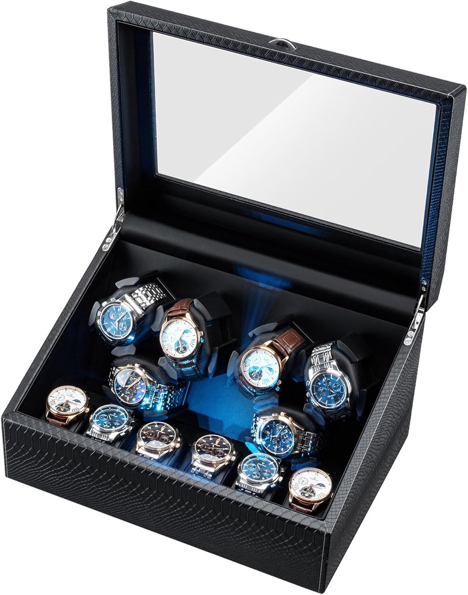 Automatische horlogeopwinder met slangenhuidpatroon, ledlicht en 6 extra opbergvakken, zwart