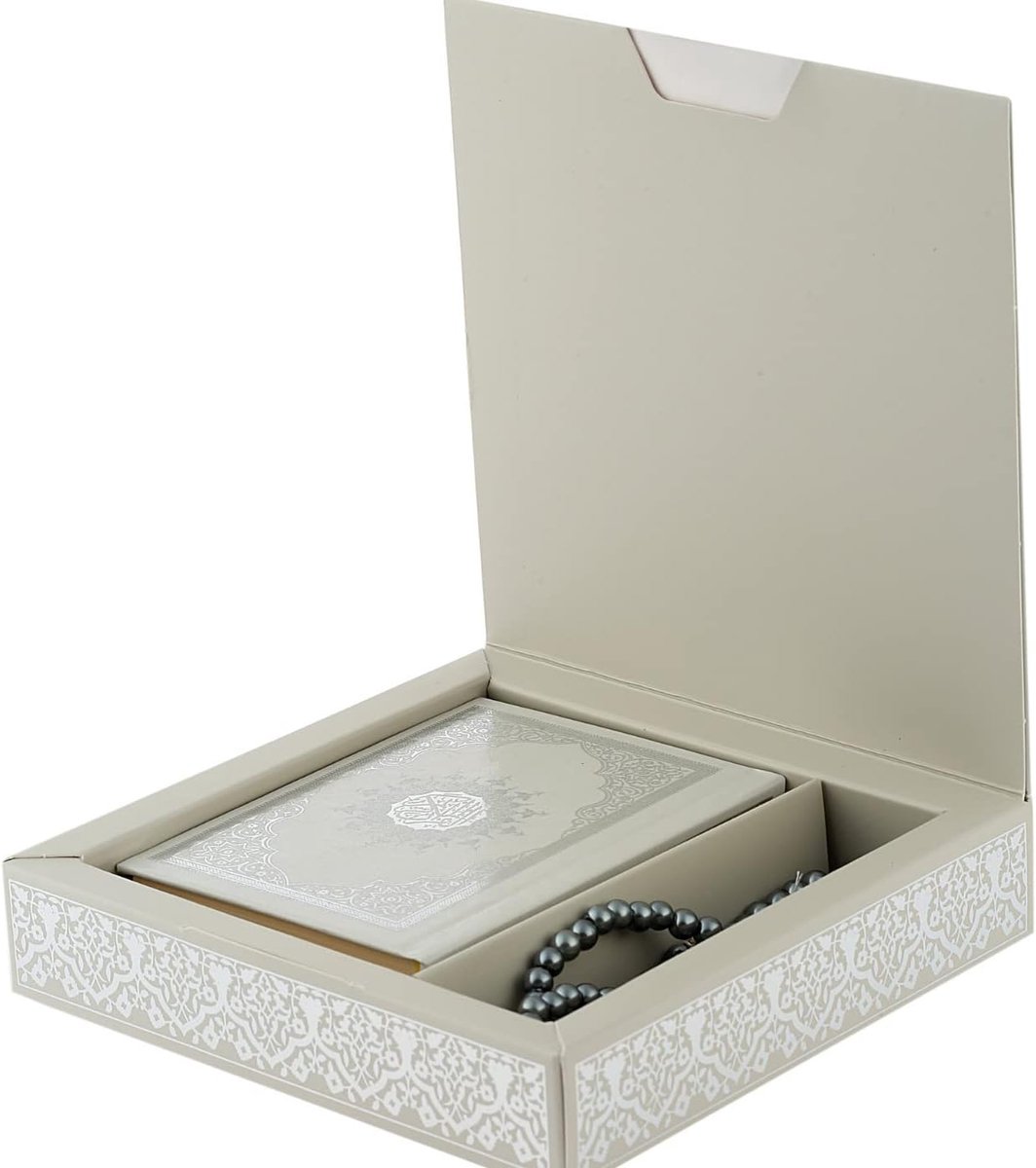Islamitische Cadeaus voor Eid en Ramadan, Cadeauset met Verzilverde Koran, Luxe Gouden Geschenkdoos, Gebedskralen met Parels, Cadeau voor Vrouwen, Mawlid Set, Bruiloft, Umrah (Grijs)
