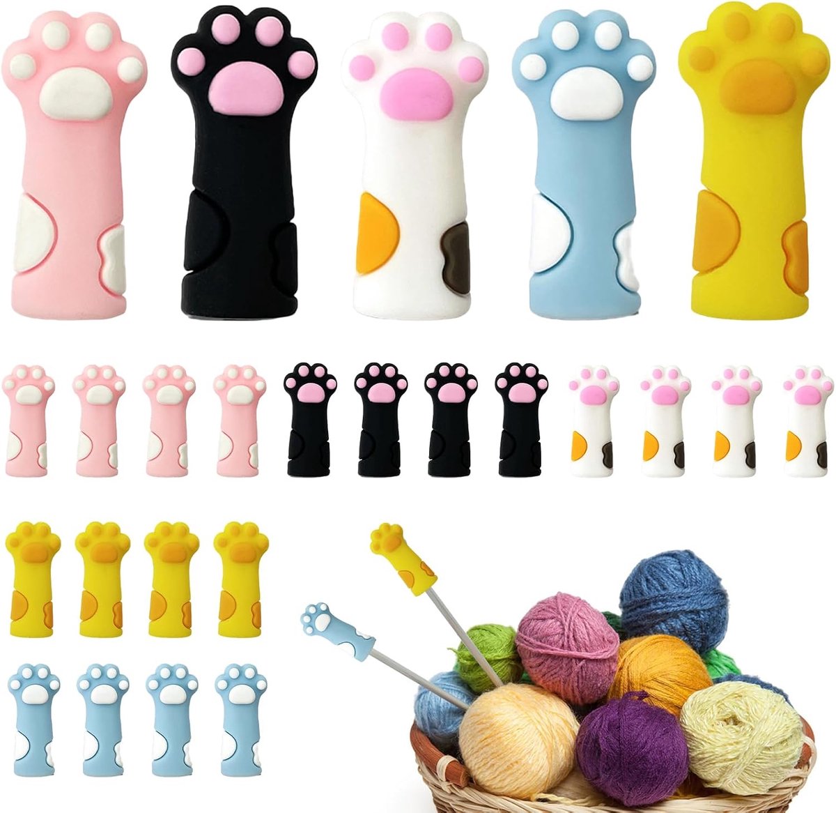 20 stuks maasstoppers voor breinaalden, siliconen breinaaldstopper, naaldstopper voor breinaalden in kattenpootvorm voor breien, naaien, haken, handwerk