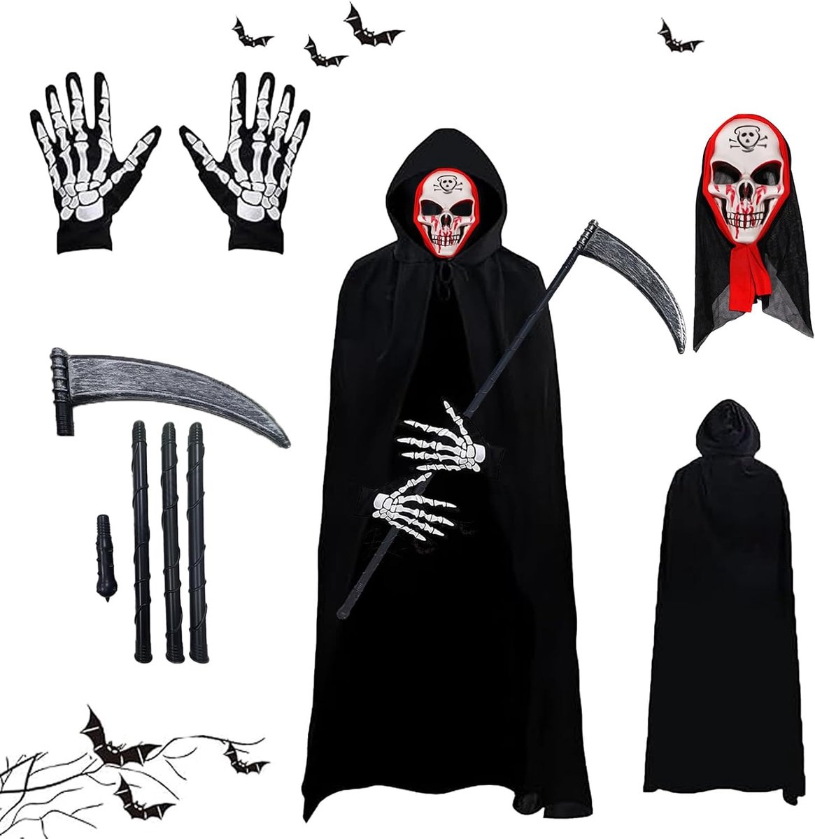 Sensenman-kostuum, Grim Reaper kostuum voor volwassenen, Halloween-cape met capuchon, met schedelmasker, zeis, skelethandschoenen, Magere Heinse cape voor Halloween, cosplay, carnaval