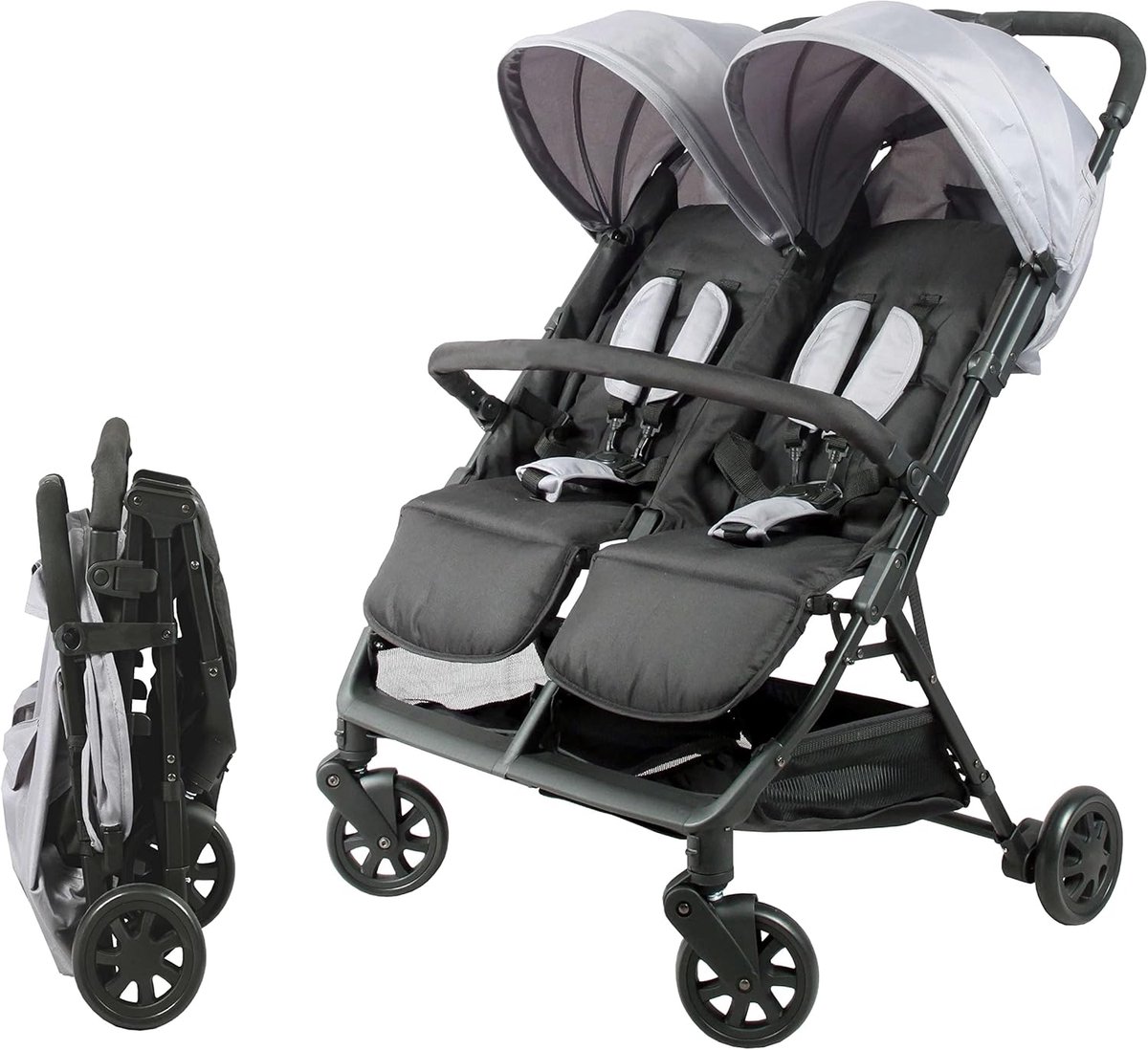Dubbele kinderwagen voor tweelingen - ultra-compact opvouwbaar - zwart en grijs - comfortabel vanaf de geboorte - ShopVlot