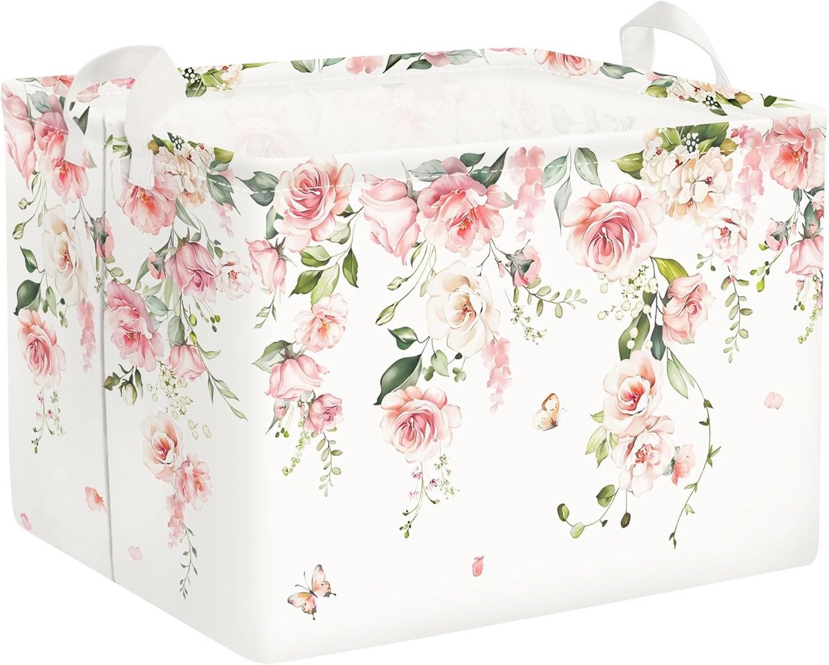 Bloemenwasmand voor Badkamer - Opbergmand voor Speelgoed en Kleding, Roze Roos, 40x30x30cm, Duurzaam en Stijlvol Design