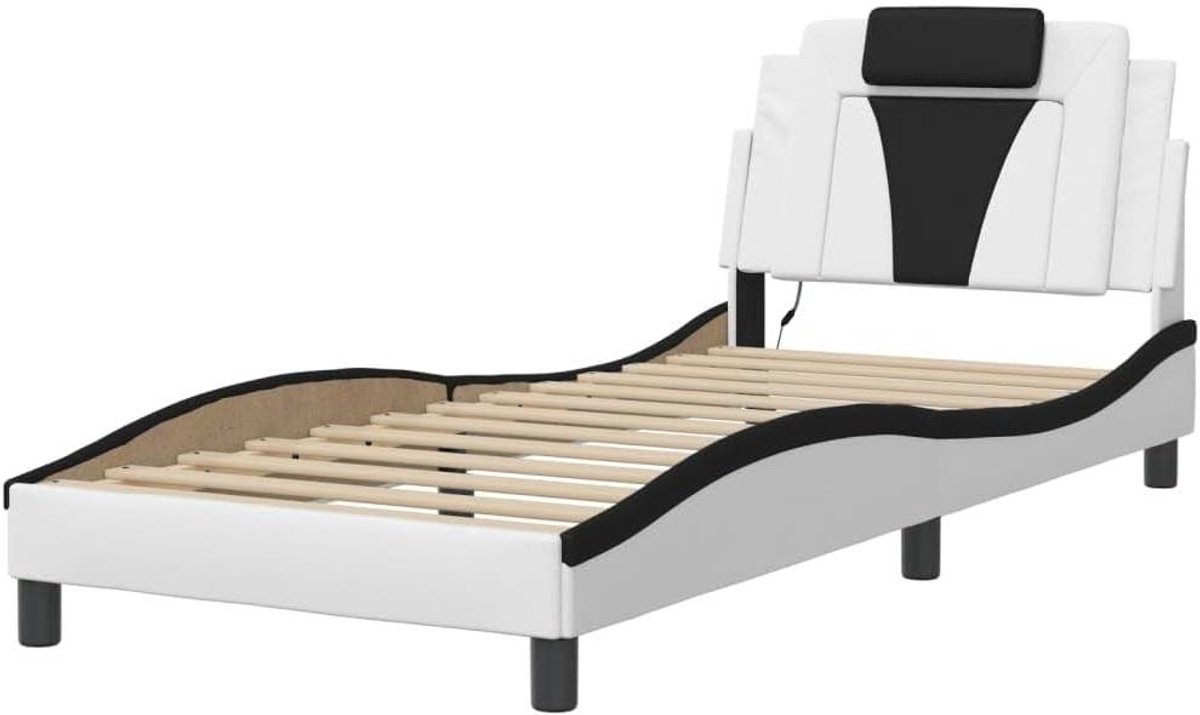 Bedframe met LED - Bed ombouw Slaapkamer meubel - Ontspannen slapen - Duurzaam kunstleer - 90x190 cm - Wit en zwart