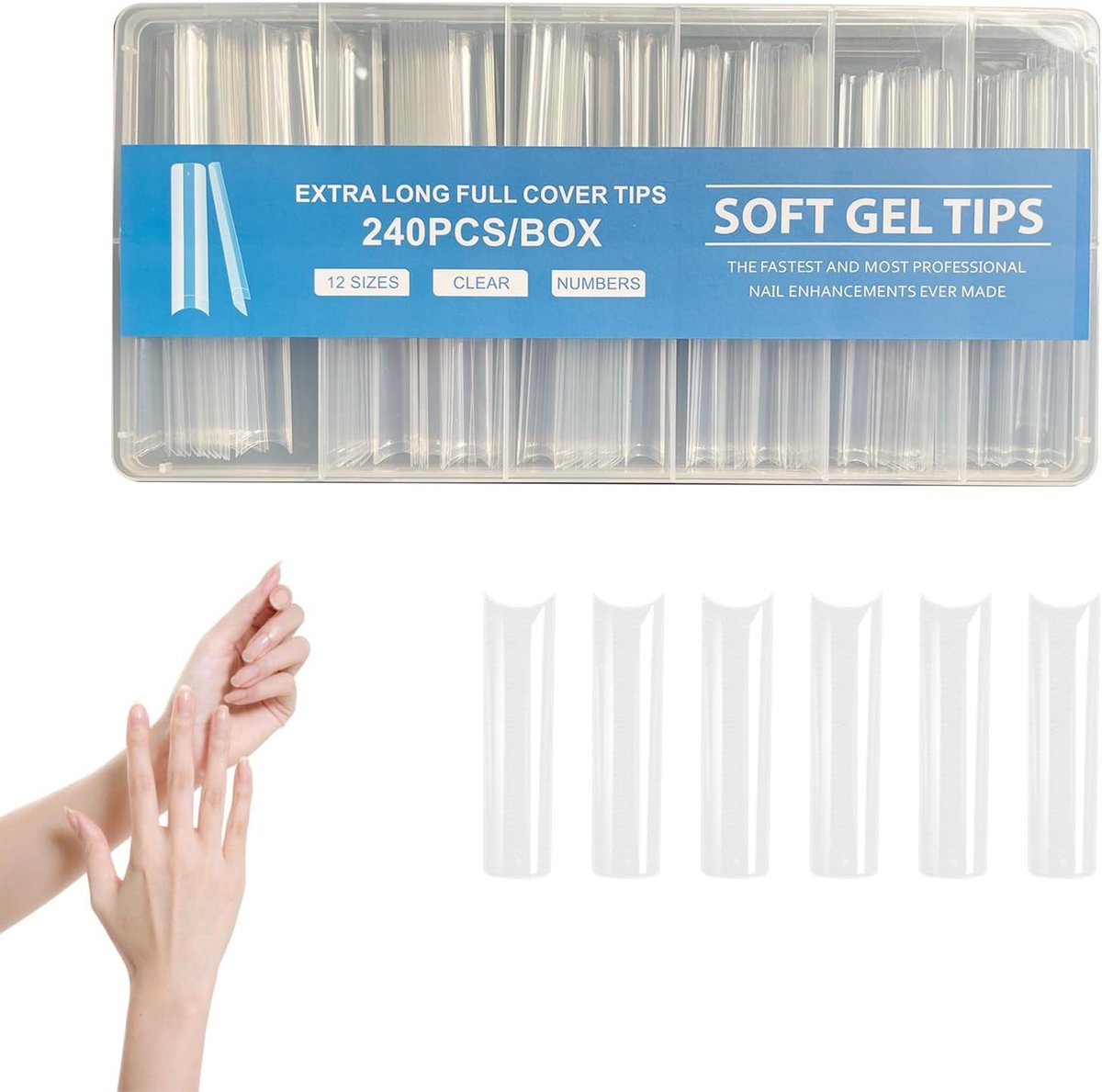 SnelShoppen - 240 Stuks Transparante Extra Lange Nageltips Vierkant, Half Cover, Geen C-Curve, Gel Nagels, Valse Nagels voor Nagelsalons, 12 Maten