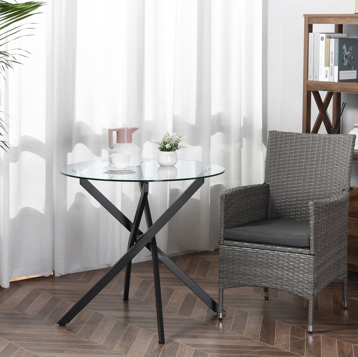 COVREO Eettafel 80x80x75 cm zwart, glas en staal met verstelbare poten