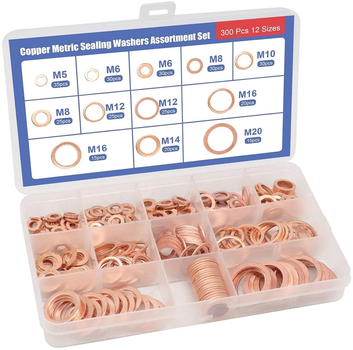 SnelShoppen - 300 stuks Koperen Sealing Ringen Assortiment - M5 t/m M20 - Dikke Koperen Schijven voor Bevestigingsmaterialen en Brandstofaccessoires