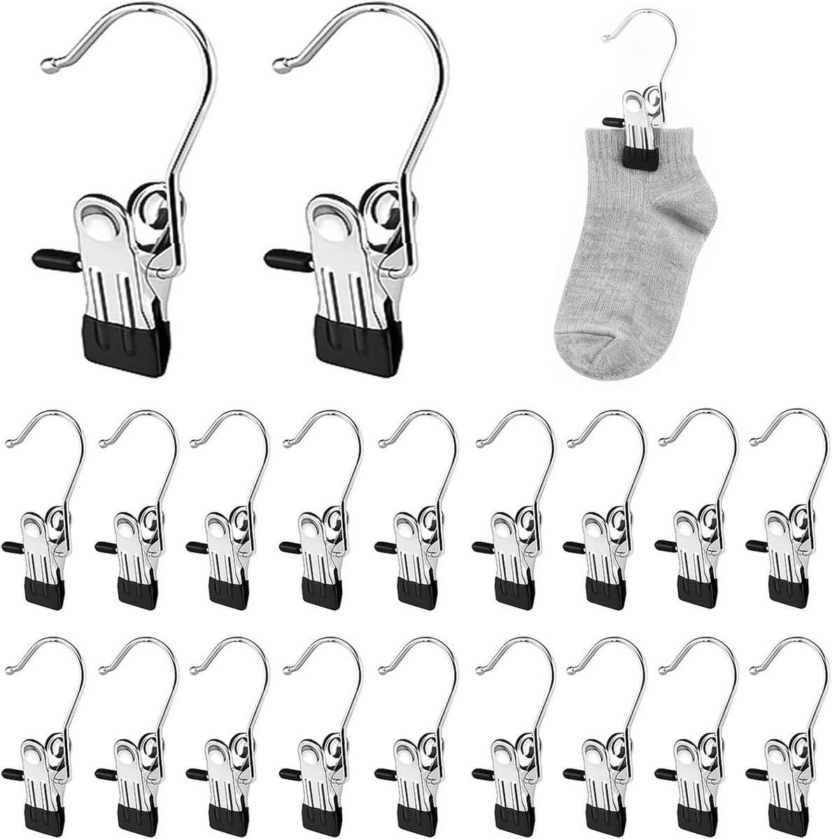 SnelShoppen - Kledingknijpers RVS 20 Stuks 360° Draaibare Clips Antislip voor Sokken, Handdoeken, Broeken, Schoenen (Zwart)