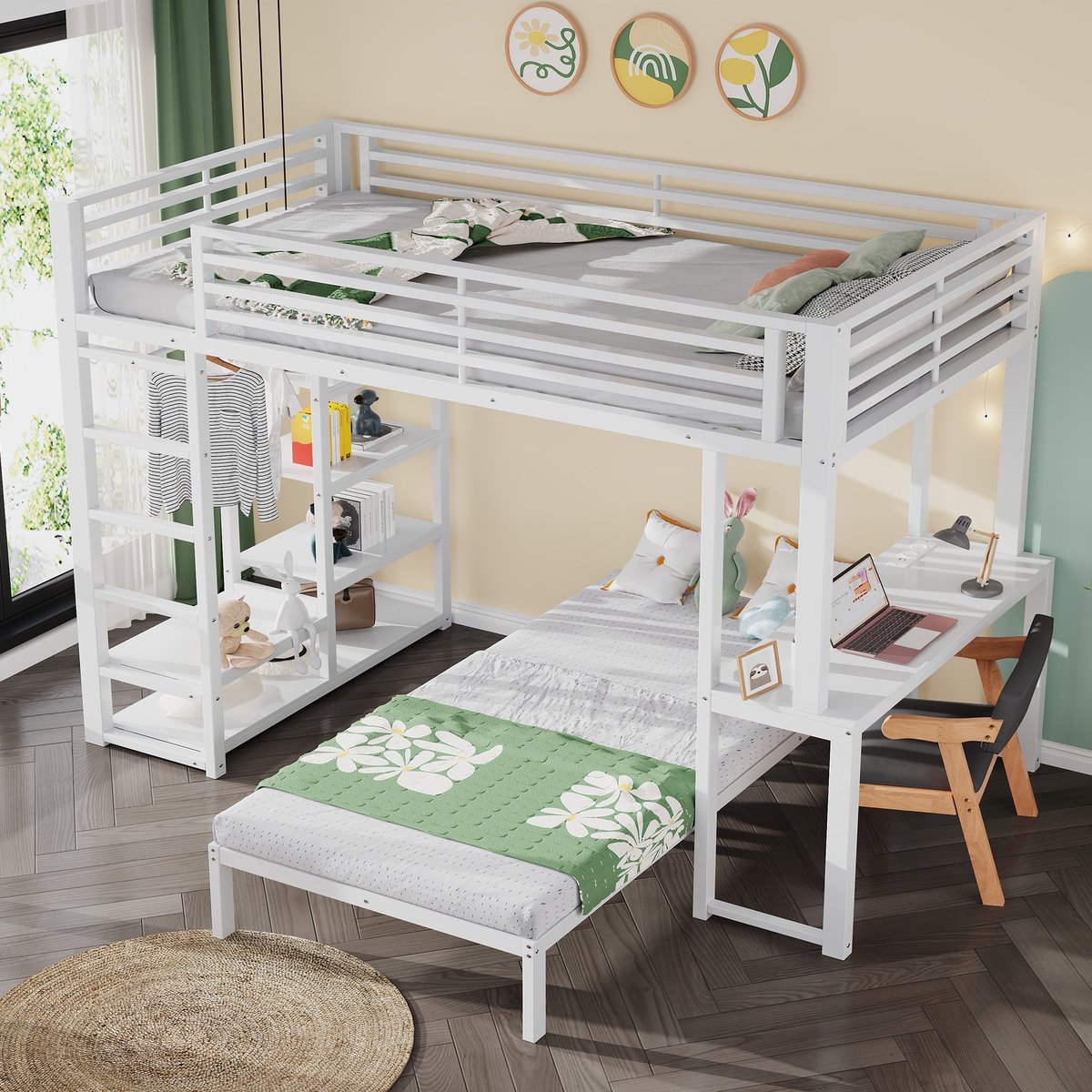 PHOEBE CAT Stapelbed - 90 x 200 cm - Metalen frame - Met bureau - Oplaadpunt - Opbergplank - Kinderbed - Wit
