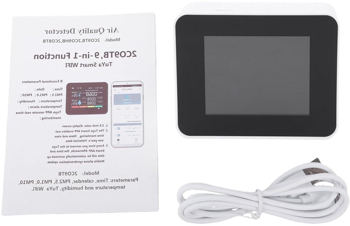 Luchtkwaliteit Monitor - Luchttester Sensor - Binnenlucht Meten - Wifi App Connectiviteit - 14.3 x 10 x 5 cm - Wit