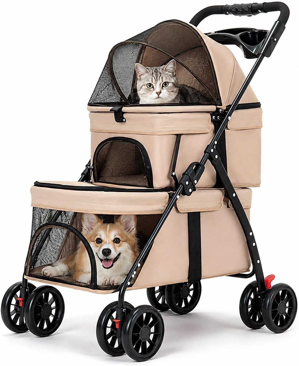 Opvouwbare Hondenbuggy met 2 Compartimenten voor Kleine en Middelgrote Huisdieren, 360° Draaibare Wielen, Veiligheidsriem en Bekerhouder voor Comfort en Veiligheid